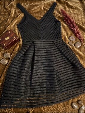 Express Black Striped V-Neck Fit & Flare Mini Dress